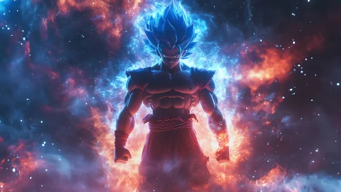 Cosmic anime warrior ignites blue and orange elemental power
