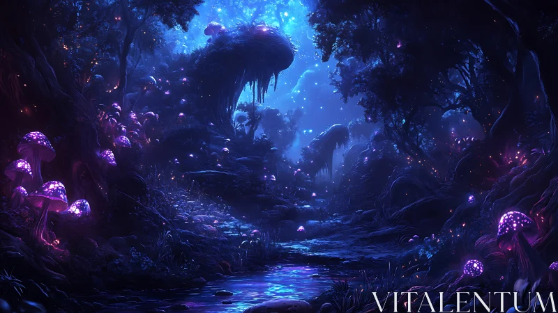 Bioluminescent cavern environment with volumetric lighting and phosphorescent fungal ecosystem