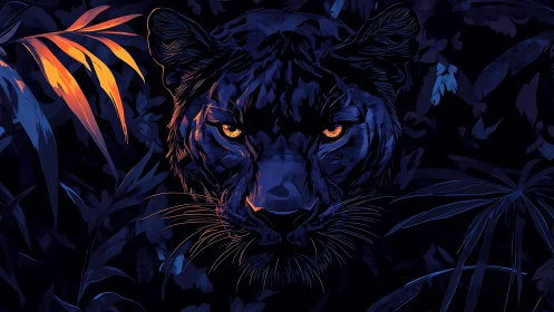 Midnight panther gazes boldly through glowing jungle shadows
