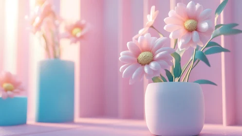 Soft pink daisies in matte ceramic vases under pastel light