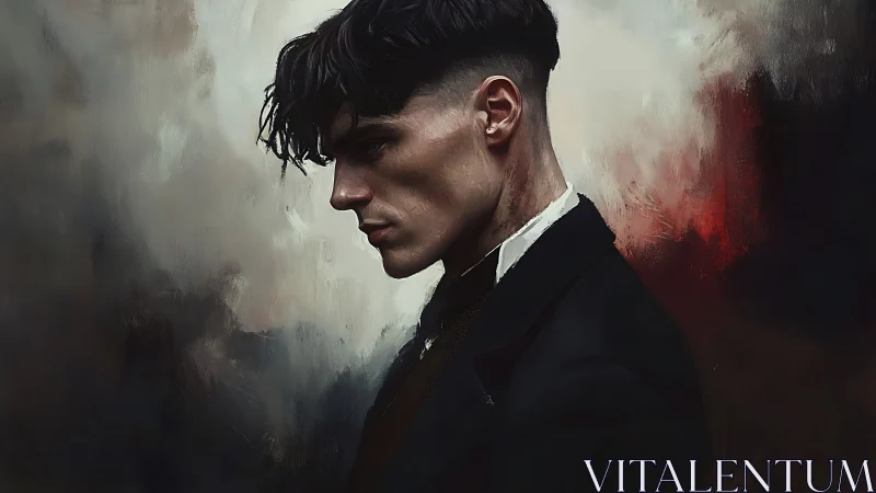 Brooding gentleman carved from smoke, shadow and ember light.