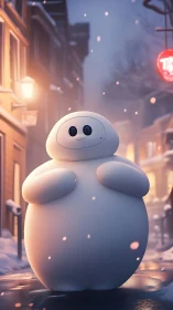 Snowy urban alley with bulbous service robot in soft bokeh glow.