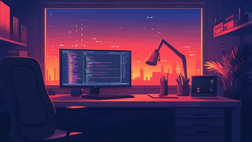 Sunset-calibrated coding workstation with urban skyline interface.