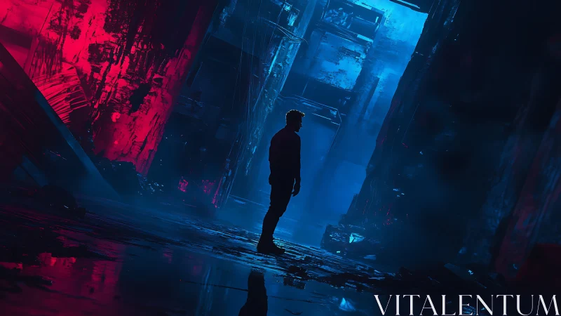 Silhouetted wanderer in neon split alleyway lightscape.