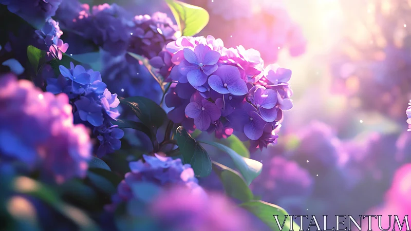 Luminous Purple Hydrangeas Blooming in Magical Light.