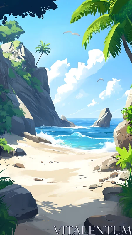 Tropical Beach Cove with Towering Cliffs and Palms.