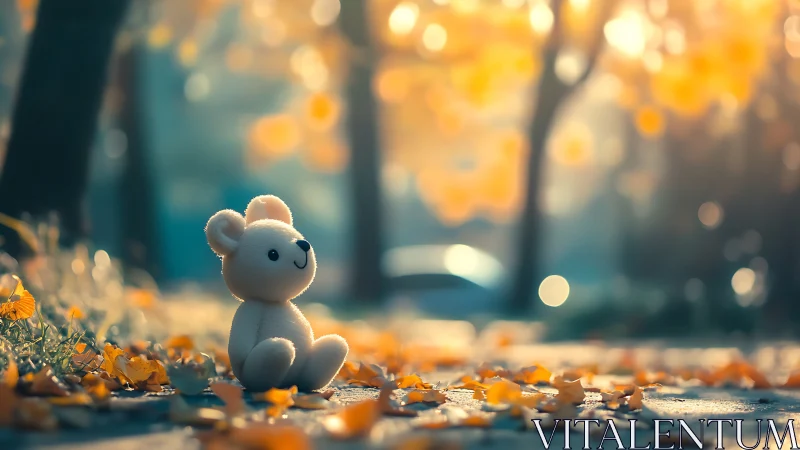 Soft toy bear on autumn path in warm evening light.