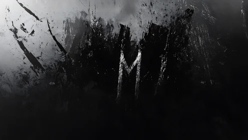 Monochrome abstract smear with bold central M mark.