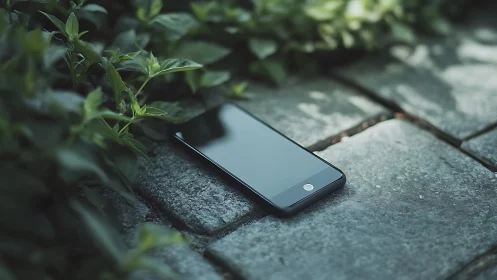Smartphone on stone pavement with green foliage.