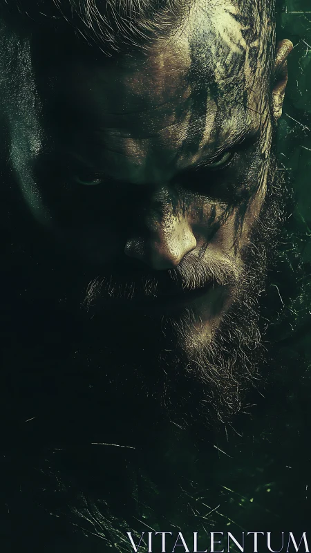 Low-key warrior portrait with directional rim lighting and matte grime