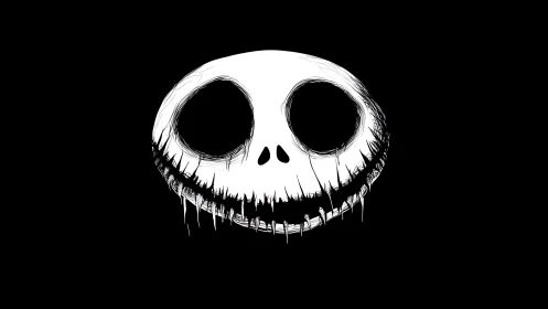 Grim monochrome skull face with wide dripping grin.