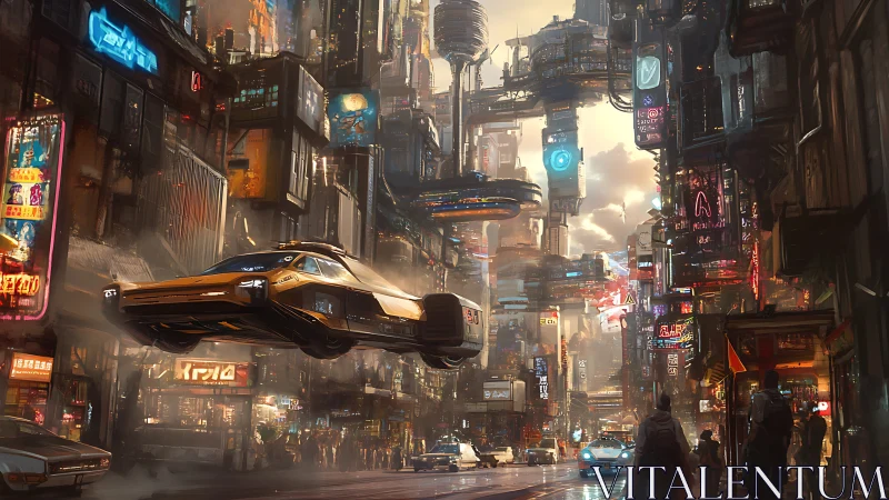 Flying car moves through dense neon cyberpunk cityscape