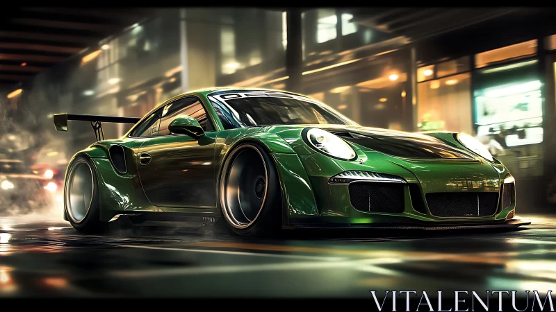 Green widebody supercar races through neon city streets at night.