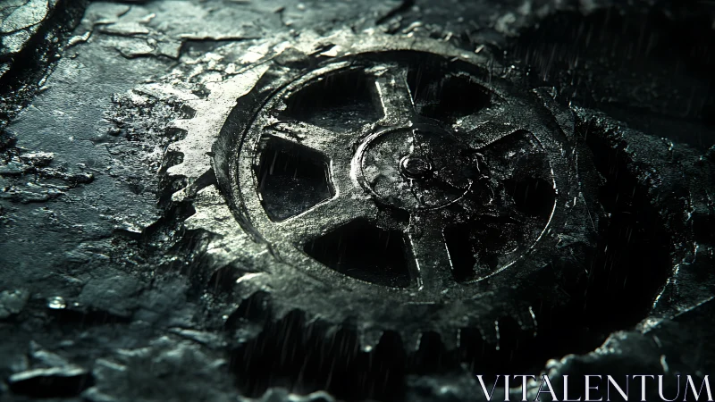 Wet metal gear lies in dark, corroded mechanical surface