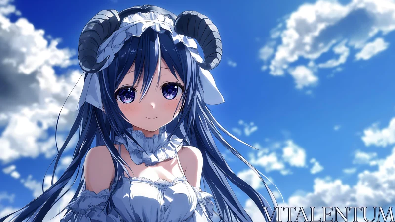 Horned anime girl under vivid blue summer sky.