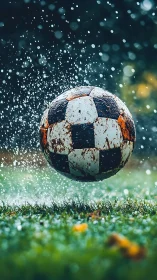 Weathered soccer ball in midair over wet grass field.