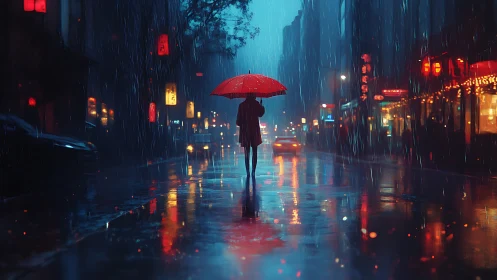 Red umbrella wanderer in a rain-soaked neon city night.