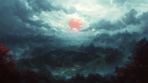 Red sun hangs over misty valley city under dense clouds