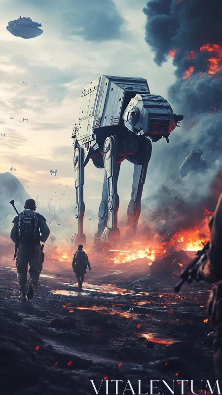 Armored walker advances through burning battlefield under smoke