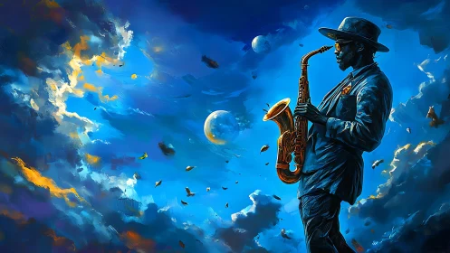 Cosmic jazz saxophonist under vivid swirling blue sky.