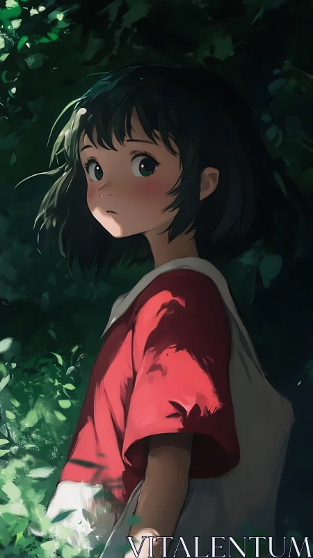 Curious girl in dappled forest light, quietly pausing here.