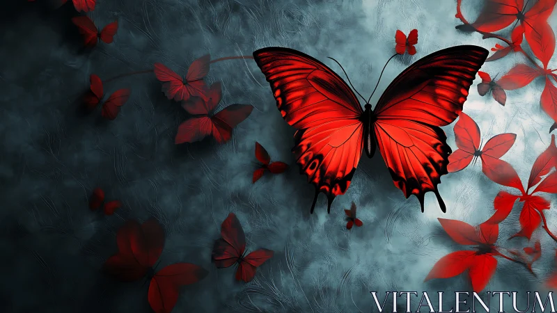 Crimson butterfly spreads wings over smoky teal backdrop.