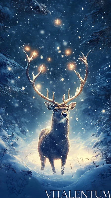 Starborne stag crowned in lantern antlers of winter myth.
