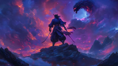 Samurai figure stands on rocky peak beneath draconic cloud form