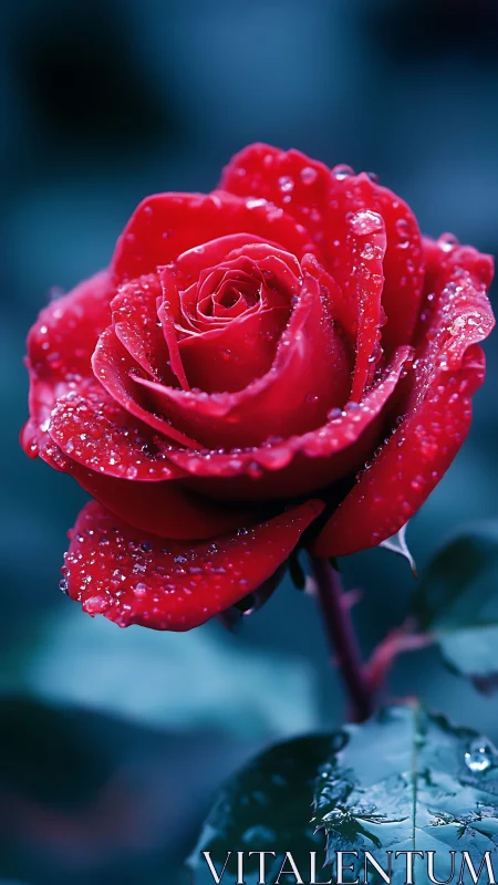 Crimson Rose with Dewdrops: Macro Close-up Against Blurred Blue Background