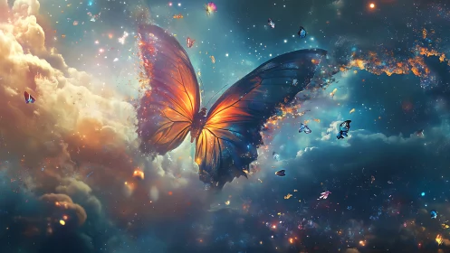 Cosmic butterfly glows amid nebula clouds and stardust.