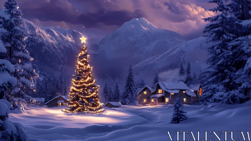 Cozy snowy village glowing around a magical Christmas tree.