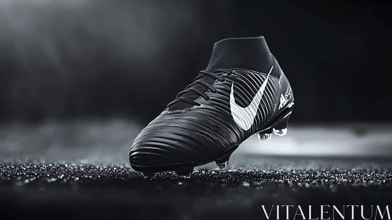 Black Nike football boot rests on wet synthetic turf