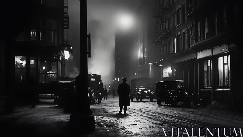 Solitary figure stands on foggy vintage city street at night