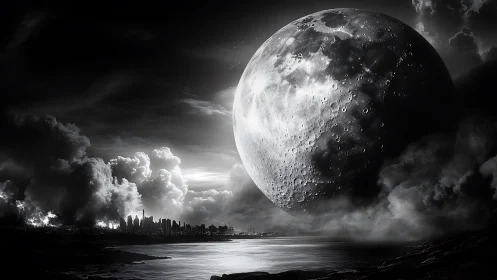 Colossal lunar body looms over coastal metropolis in chiaroscuro