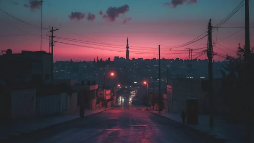 Twilight city avenue descending toward distant minaret glow.
