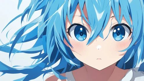 Blue-haired anime girl close-up with windblown hair.