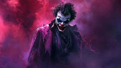 Sinister clown figure in purple smoke-filled atmosphere.