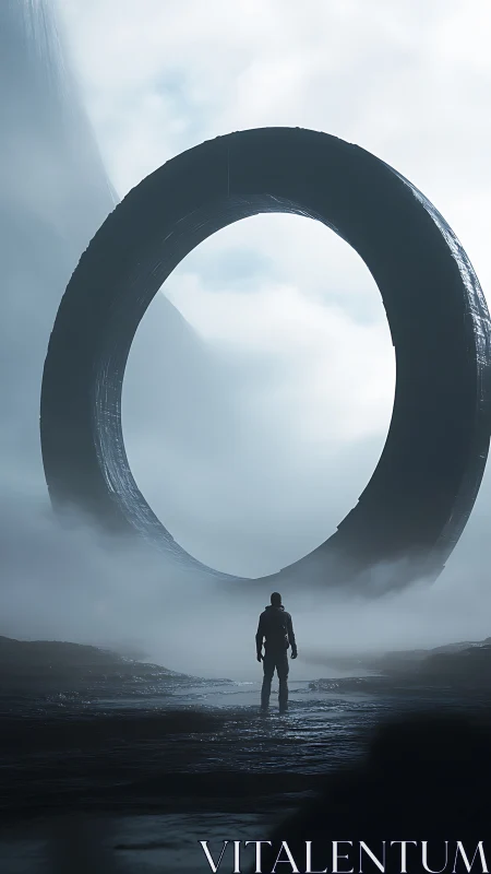 Solitary explorer facing monumental mist-veiled ring structure.