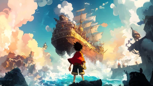 Dynamic low-angle composition shows boy facing massive airborne ship