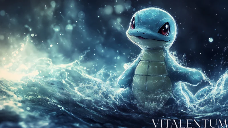 Cute blue creature commands glowing ocean waves at night.