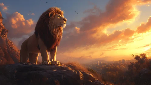 Majestic lion surveys sunlit savanna at dramatic sunrise.