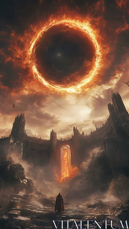 Fiery celestial ring looms above a lone wanderer&rsquo;s citadel.