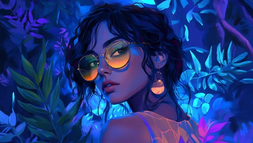 Neon jungle portrait in luminous blue orange digital painting.
