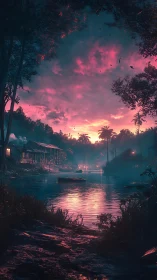 Riverfront cabins beneath neon dusk tropical sky glow.