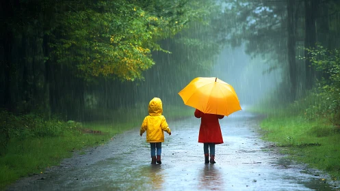 Child and Adult Walking Forest Path During Heavy Rain