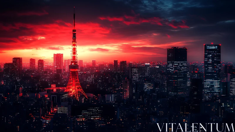 Crimson-illuminated Tokyo tower under high-contrast dusk sky.