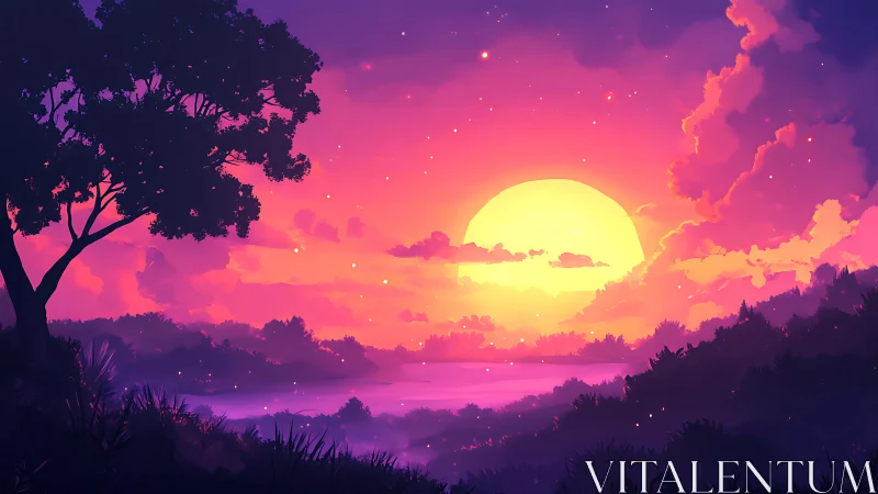 Digital sunset landscape depicts silhouetted foliage and sky