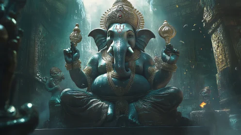 Majestic blue Ganesha statue rests in a glowing temple hall