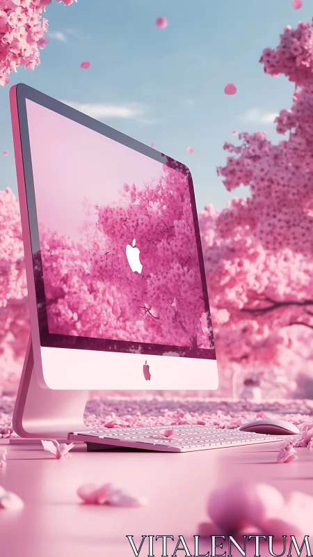 Pink desktop computer stands in stylized cherry blossom scene