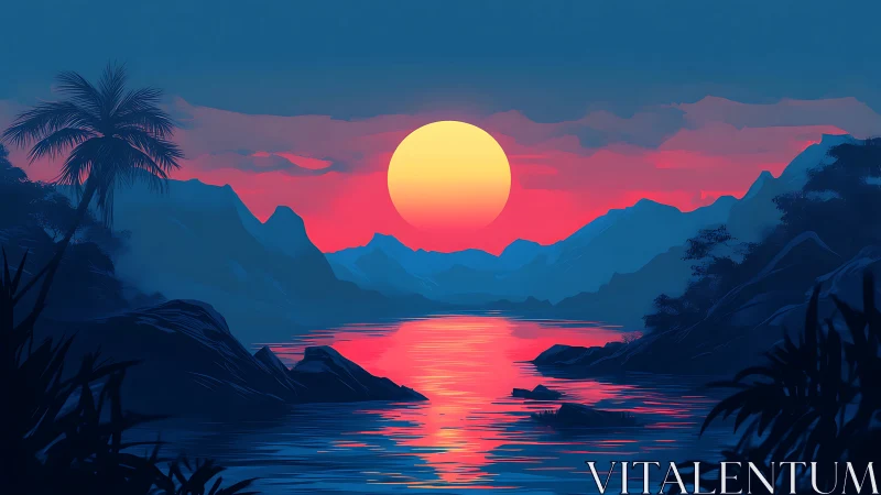 Radiant tropical sunset glows gently across calm mountain water